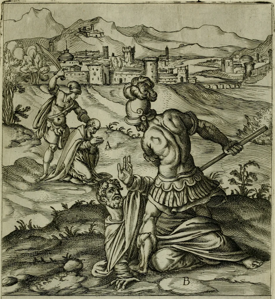 An illustration from Ecclesiae anglicanae trophæa, siue, Sanctor martyrum, qui pro Christo catholicæq fidei veritate asserenda : antiquo recentioriq persecutionum tempore, mortem in Anglia subierunt, passiones, Romæ in Collegio Anglico, 1584, leaf 34