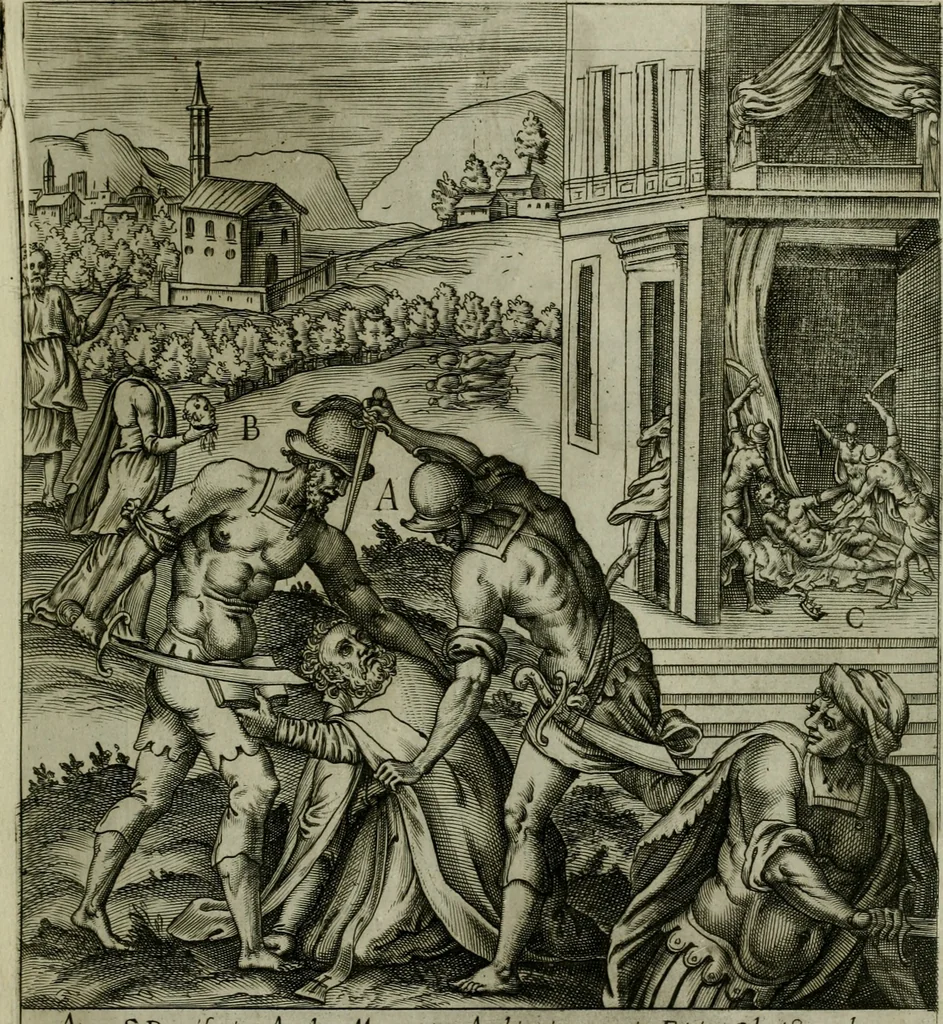 An illustration from Ecclesiae anglicanae trophæa, siue, Sanctor martyrum, qui pro Christo catholicæq fidei veritate asserenda : antiquo recentioriq persecutionum tempore, mortem in Anglia subierunt, passiones, Romæ in Collegio Anglico, 1584, leaf 36