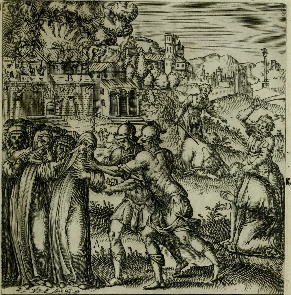 An illustration from Ecclesiae anglicanae trophæa, siue, Sanctor martyrum, qui pro Christo catholicæq fidei veritate asserenda : antiquo recentioriq persecutionum tempore, mortem in Anglia subierunt, passiones, Romæ in Collegio Anglico, 1584, leaf 38