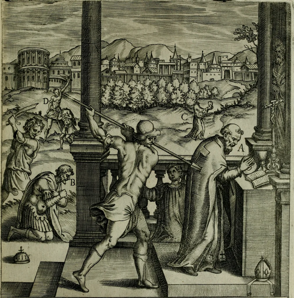 An illustration from Ecclesiae anglicanae trophæa, siue, Sanctor martyrum, qui pro Christo catholicæq fidei veritate asserenda : antiquo recentioriq persecutionum tempore, mortem in Anglia subierunt, passiones, Romæ in Collegio Anglico, 1584, leaf 42