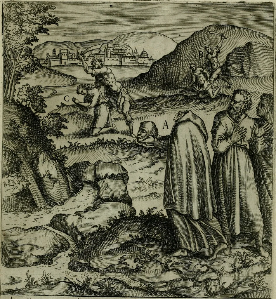 An illustration from Ecclesiae anglicanae trophæa, siue, Sanctor martyrum, qui pro Christo catholicæq fidei veritate asserenda : antiquo recentioriq persecutionum tempore, mortem in Anglia subierunt, passiones, Romæ in Collegio Anglico, 1584, leaf 44