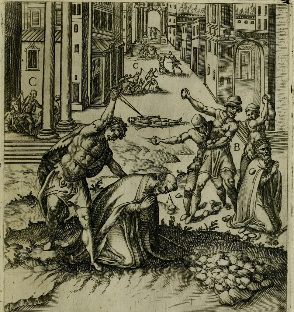 An illustration from Ecclesiae anglicanae trophæa, siue, Sanctor martyrum, qui pro Christo catholicæq fidei veritate asserenda : antiquo recentioriq persecutionum tempore, mortem in Anglia subierunt, passiones, Romæ in Collegio Anglico, 1584, leaf 50