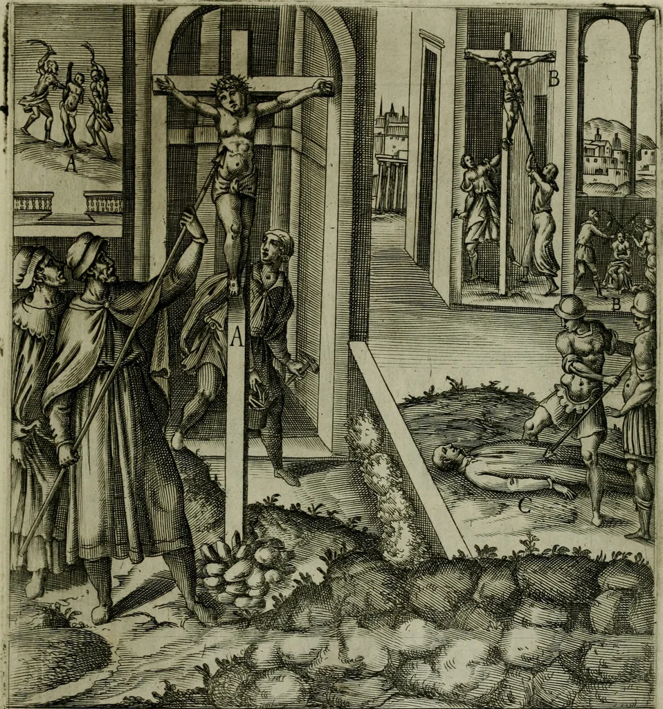 An illustration from Ecclesiae anglicanae trophæa, siue, Sanctor martyrum, qui pro Christo catholicæq fidei veritate asserenda : antiquo recentioriq persecutionum tempore, mortem in Anglia subierunt, passiones, Romæ in Collegio Anglico, 1584, leaf 54