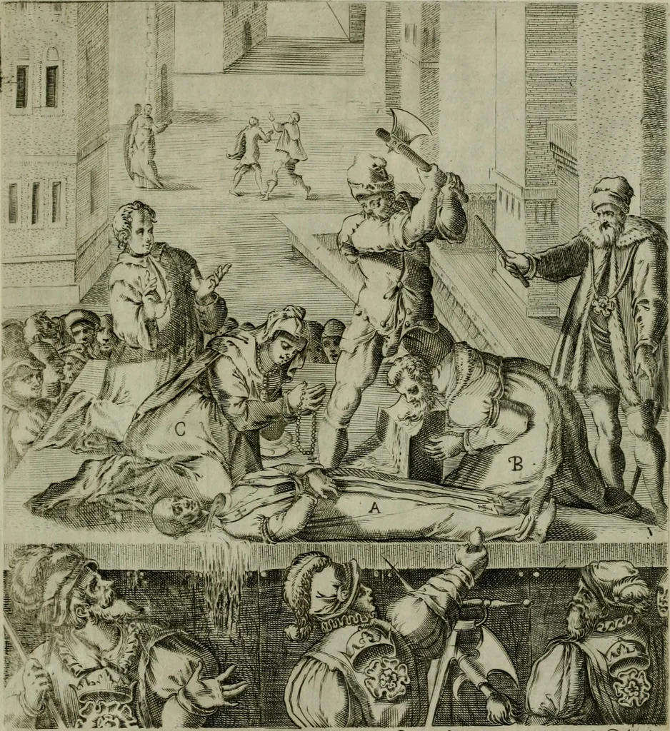 An illustration from Ecclesiae anglicanae trophæa, siue, Sanctor martyrum, qui pro Christo catholicæq fidei veritate asserenda : antiquo recentioriq persecutionum tempore, mortem in Anglia subierunt, passiones, Romæ in Collegio Anglico, 1584, leaf 56