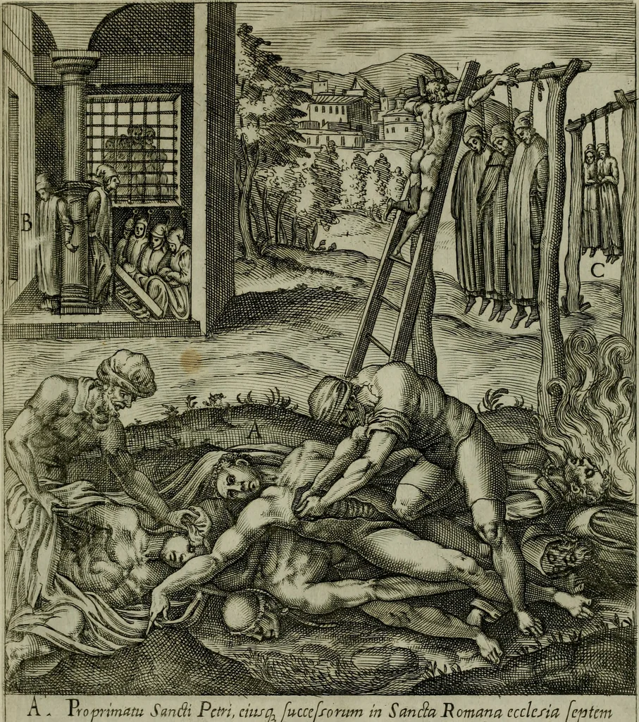 An illustration from Ecclesiae anglicanae trophæa, siue, Sanctor martyrum, qui pro Christo catholicæq fidei veritate asserenda : antiquo recentioriq persecutionum tempore, mortem in Anglia subierunt, passiones, Romæ in Collegio Anglico, 1584, leaf 58