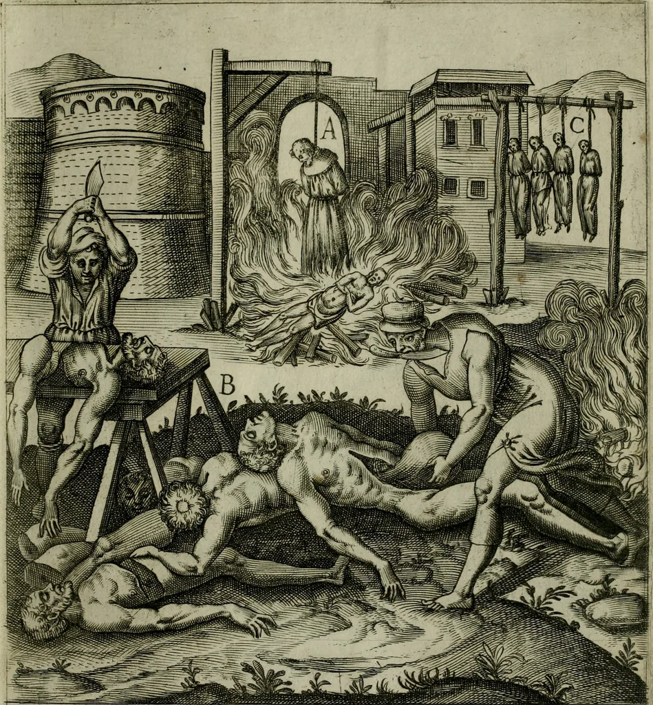 An illustration from Ecclesiae anglicanae trophæa, siue, Sanctor martyrum, qui pro Christo catholicæq fidei veritate asserenda : antiquo recentioriq persecutionum tempore, mortem in Anglia subierunt, passiones, Romæ in Collegio Anglico, 1584, leaf 60