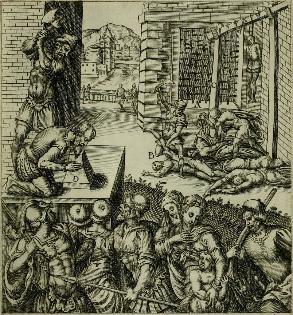 An illustration from Ecclesiae anglicanae trophæa, siue, Sanctor martyrum, qui pro Christo catholicæq fidei veritate asserenda : antiquo recentioriq persecutionum tempore, mortem in Anglia subierunt, passiones, Romæ in Collegio Anglico, 1584, leaf 62