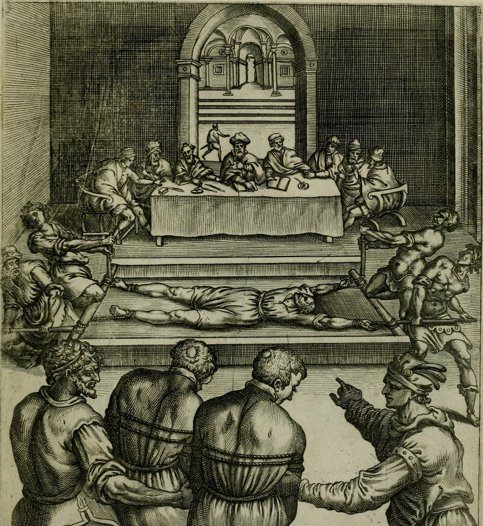 An illustration from Ecclesiae anglicanae trophæa, siue, Sanctor martyrum, qui pro Christo catholicæq fidei veritate asserenda : antiquo recentioriq persecutionum tempore, mortem in Anglia subierunt, passiones, Romæ in Collegio Anglico, 1584, leaf 64