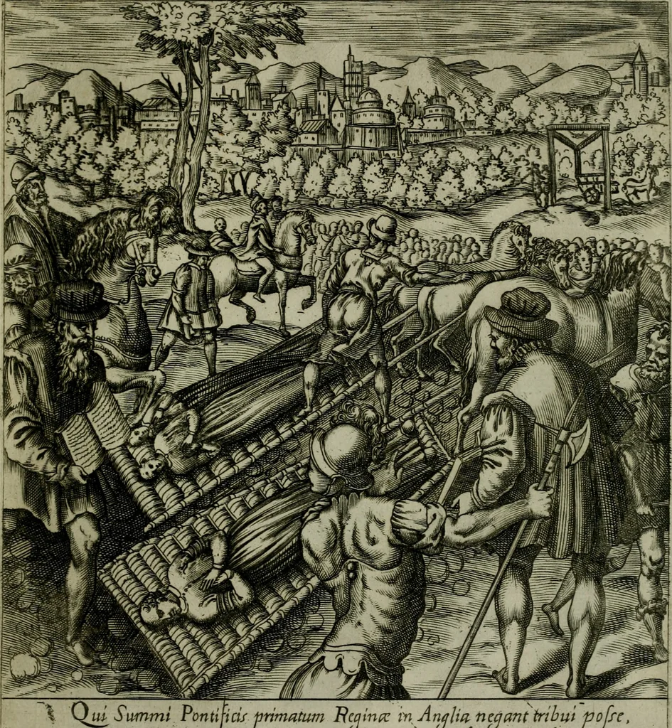 An illustration from Ecclesiae anglicanae trophæa, siue, Sanctor martyrum, qui pro Christo catholicæq fidei veritate asserenda : antiquo recentioriq persecutionum tempore, mortem in Anglia subierunt, passiones, Romæ in Collegio Anglico, 1584, leaf 66
