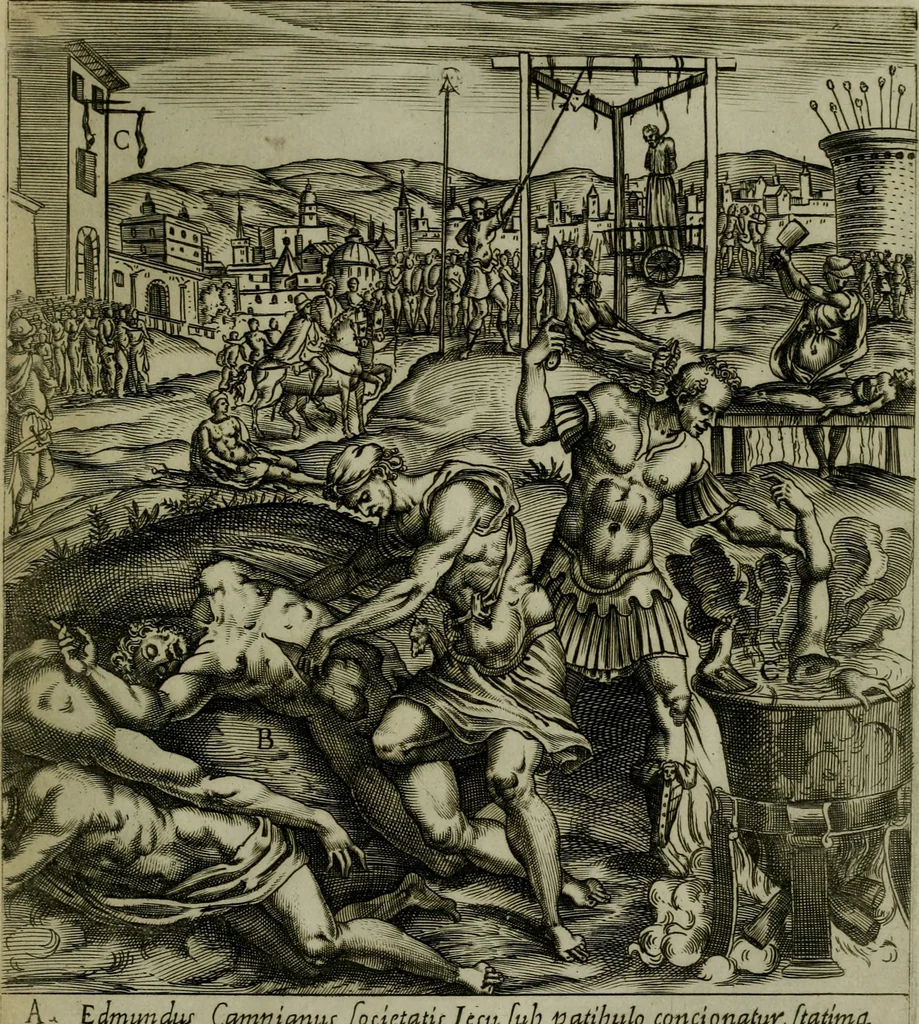 An illustration from Ecclesiae anglicanae trophæa, siue, Sanctor martyrum, qui pro Christo catholicæq fidei veritate asserenda : antiquo recentioriq persecutionum tempore, mortem in Anglia subierunt, passiones, Romæ in Collegio Anglico, 1584, leaf 68
