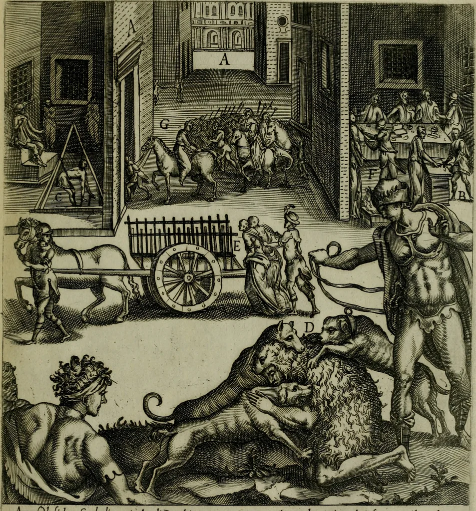 An illustration from Ecclesiae anglicanae trophæa, siue, Sanctor martyrum, qui pro Christo catholicæq fidei veritate asserenda : antiquo recentioriq persecutionum tempore, mortem in Anglia subierunt, passiones, Romæ in Collegio Anglico, 1584, leaf 70