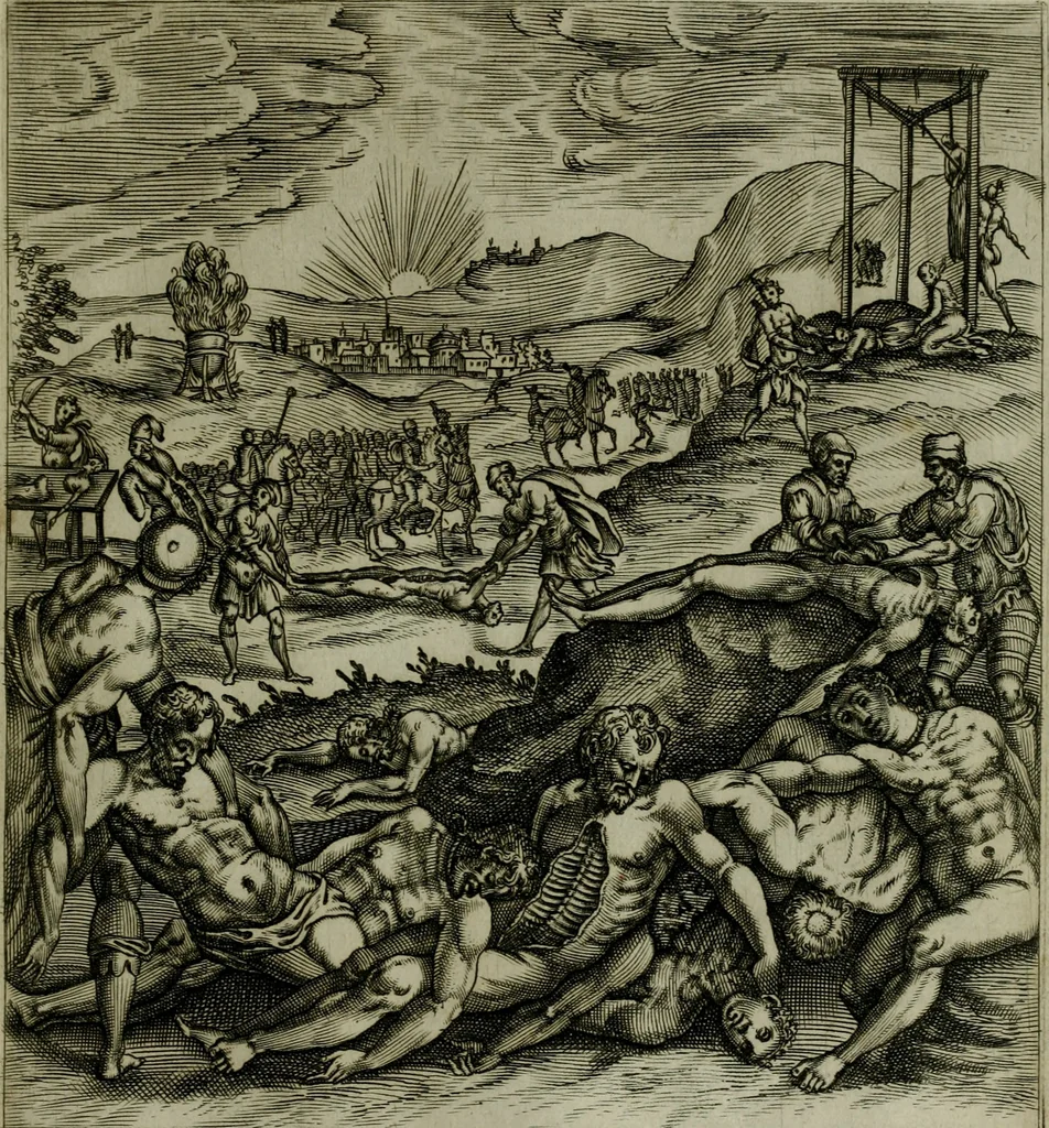 An illustration from Ecclesiae anglicanae trophæa, siue, Sanctor martyrum, qui pro Christo catholicæq fidei veritate asserenda : antiquo recentioriq persecutionum tempore, mortem in Anglia subierunt, passiones, Romæ in Collegio Anglico, 1584, leaf 72