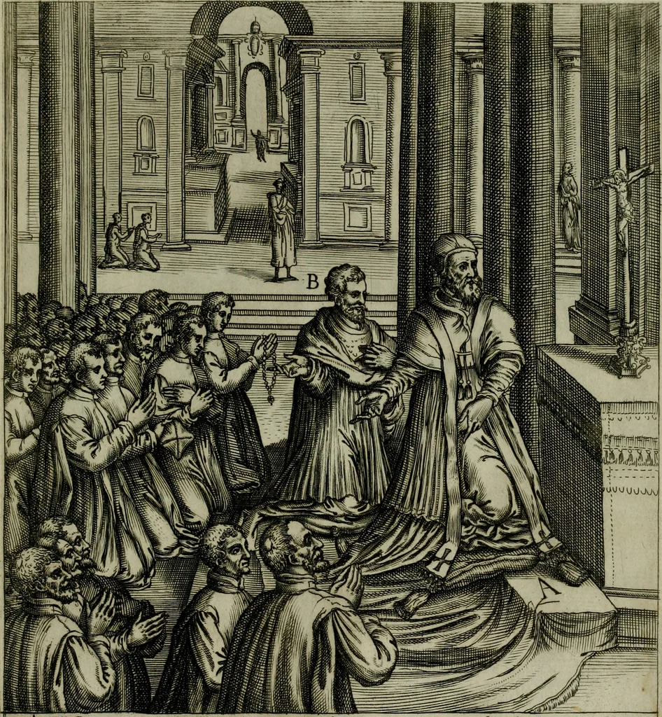 An illustration from Ecclesiae anglicanae trophæa, siue, Sanctor martyrum, qui pro Christo catholicæq fidei veritate asserenda : antiquo recentioriq persecutionum tempore, mortem in Anglia subierunt, passiones, Romæ in Collegio Anglico, 1584, leaf 74