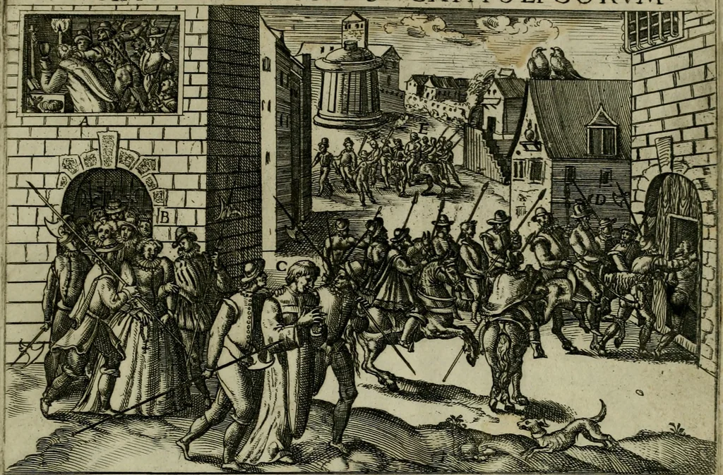 An illustration from Ecclesiae anglicanae trophæa, siue, Sanctor martyrum, qui pro Christo catholicæq fidei veritate asserenda : antiquo recentioriq persecutionum tempore, mortem in Anglia subierunt, passiones, Romæ in Collegio Anglico, 1584, leaf 76
