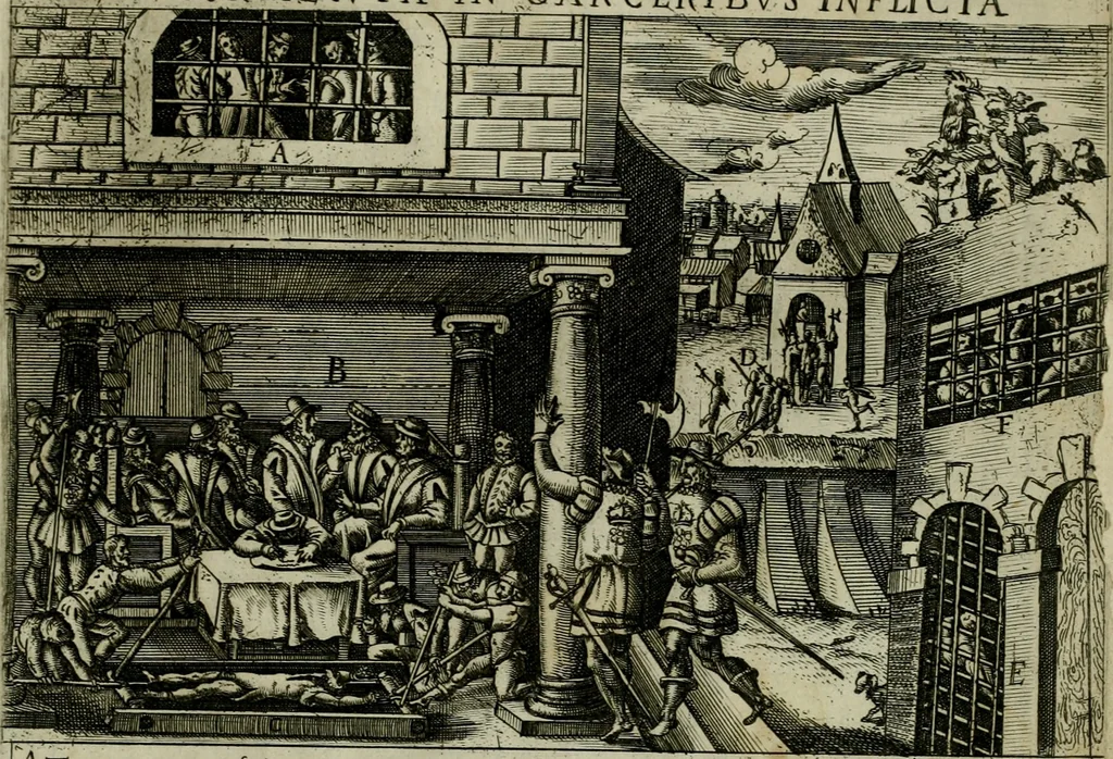 An illustration from Ecclesiae anglicanae trophæa, siue, Sanctor martyrum, qui pro Christo catholicæq fidei veritate asserenda : antiquo recentioriq persecutionum tempore, mortem in Anglia subierunt, passiones, Romæ in Collegio Anglico, 1584, leaf 80