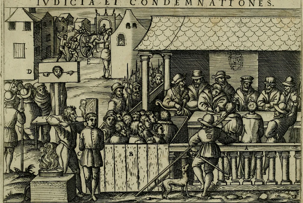 An illustration from Ecclesiae anglicanae trophæa, siue, Sanctor martyrum, qui pro Christo catholicæq fidei veritate asserenda : antiquo recentioriq persecutionum tempore, mortem in Anglia subierunt, passiones, Romæ in Collegio Anglico, 1584, leaf 82