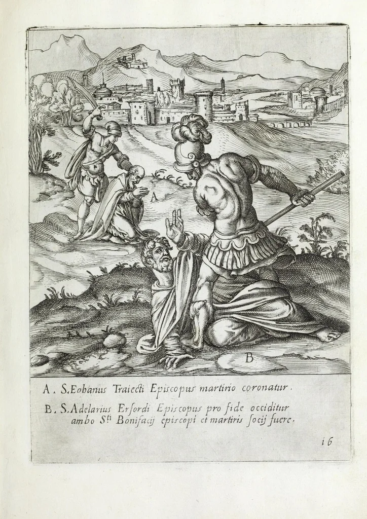 An illustration from Ecclesiae anglicanae trophæa, siue, Sanctor̄ martyrum, qui pro Christo catholicæq̀ fidei veritate asserenda : antiquo recentioriq̀ persecutionum tempore, mortem in Anglia subierunt, passiones, Romæ in Collegio Anglico, 1584, leaf 33