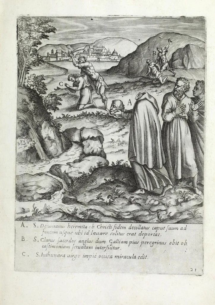 An illustration from Ecclesiae anglicanae trophæa, siue, Sanctor̄ martyrum, qui pro Christo catholicæq̀ fidei veritate asserenda : antiquo recentioriq̀ persecutionum tempore, mortem in Anglia subierunt, passiones, Romæ in Collegio Anglico, 1584, leaf 43