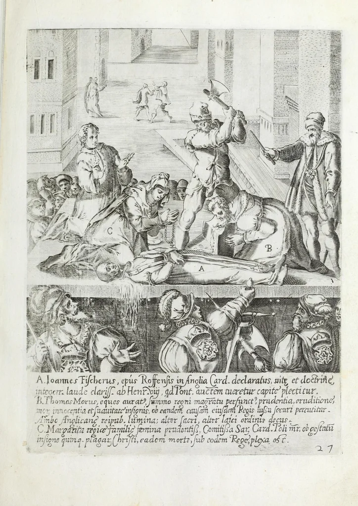 An illustration from Ecclesiae anglicanae trophæa, siue, Sanctor̄ martyrum, qui pro Christo catholicæq̀ fidei veritate asserenda : antiquo recentioriq̀ persecutionum tempore, mortem in Anglia subierunt, passiones, Romæ in Collegio Anglico, 1584, leaf 55