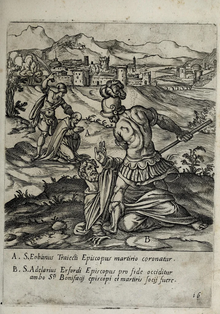 An illustration from Ecclesiae anglicanae trophæa, siue, Sanctor̄ martyrum, qui pro Christo catholicæq̀ fidei veritate asserenda : antiquo recentioriq̀ persecutionum tempore, mortem in Anglia subierunt, passiones, Romæ in Collegio Anglico, 1602, leaf 45