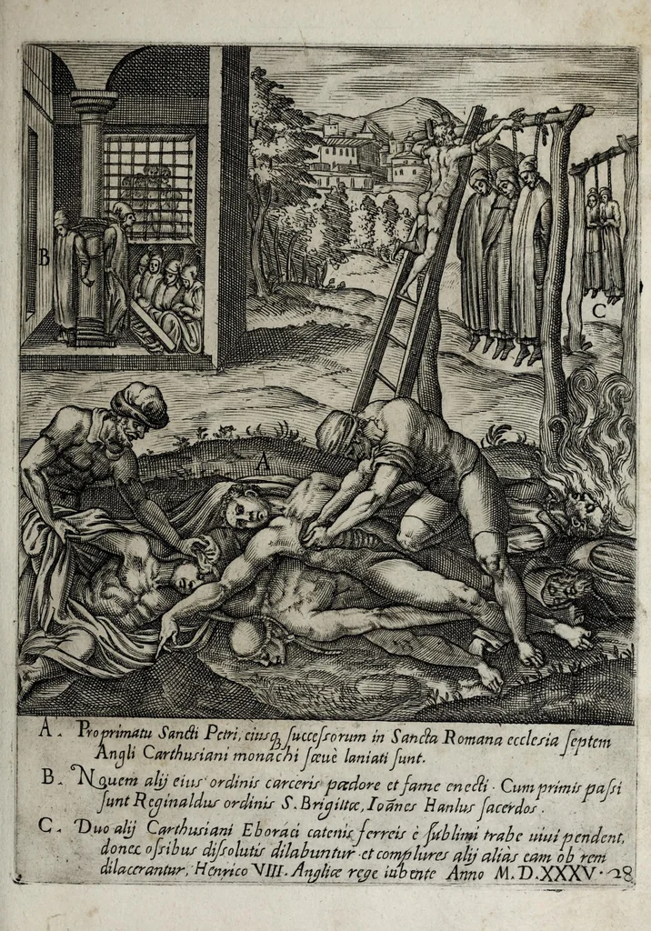 An illustration from Ecclesiae anglicanae trophæa, siue, Sanctor̄ martyrum, qui pro Christo catholicæq̀ fidei veritate asserenda : antiquo recentioriq̀ persecutionum tempore, mortem in Anglia subierunt, passiones, Romæ in Collegio Anglico, 1602, leaf 71