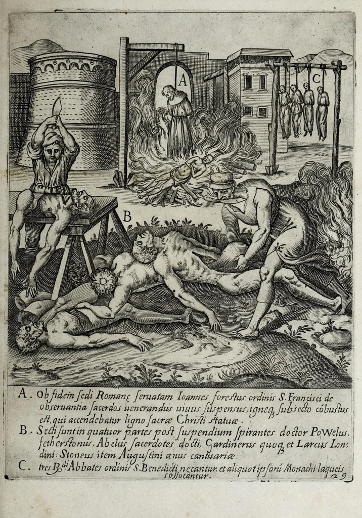An illustration from Ecclesiae anglicanae trophæa, siue, Sanctor̄ martyrum, qui pro Christo catholicæq̀ fidei veritate asserenda : antiquo recentioriq̀ persecutionum tempore, mortem in Anglia subierunt, passiones, Romæ in Collegio Anglico, 1602, leaf 73