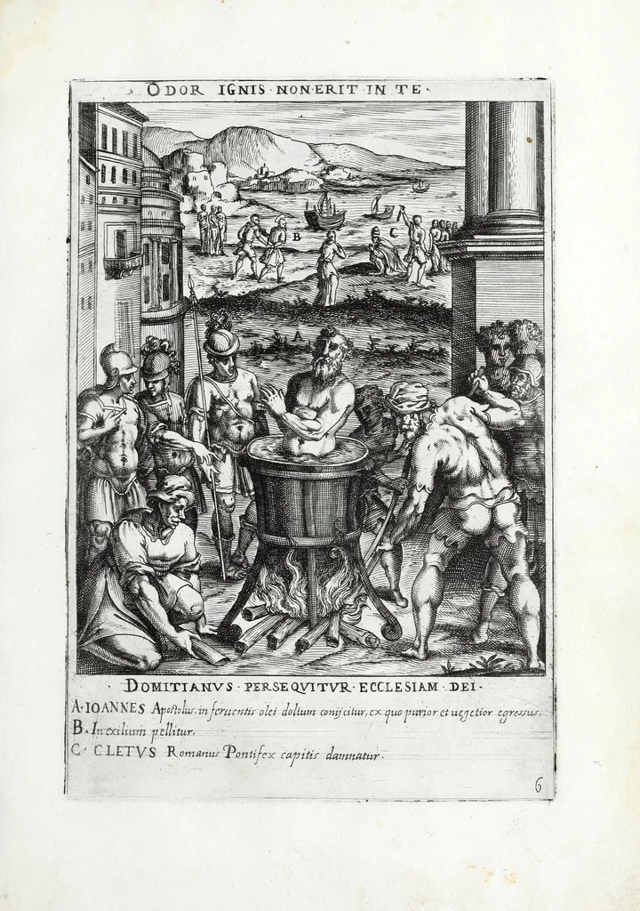 An illustration from Ecclesiae militantis trivmphi, sive, Deo amabilium martyrvm gloriosa pro Christi fide certamina : prout opera RR Patrum Societatis Iesv Collegij Germanici et Hungarici moderator impensa S.D.N. Gregorii PP XIII in ecclesia S. Stephani Rotundi Romae Nicolai Circiniani pictoris manu uisuntur depicta, ad exictandam pior deuotionem, 1583, leaf 17