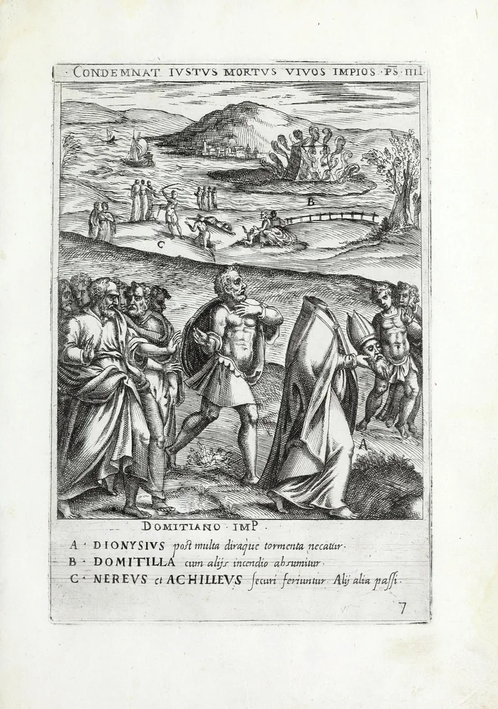 An illustration from Ecclesiae militantis trivmphi, sive, Deo amabilium martyrvm gloriosa pro Christi fide certamina : prout opera RR Patrum Societatis Iesv Collegij Germanici et Hungarici moderator impensa S.D.N. Gregorii PP XIII in ecclesia S. Stephani Rotundi Romae Nicolai Circiniani pictoris manu uisuntur depicta, ad exictandam pior deuotionem, 1583, leaf 19
