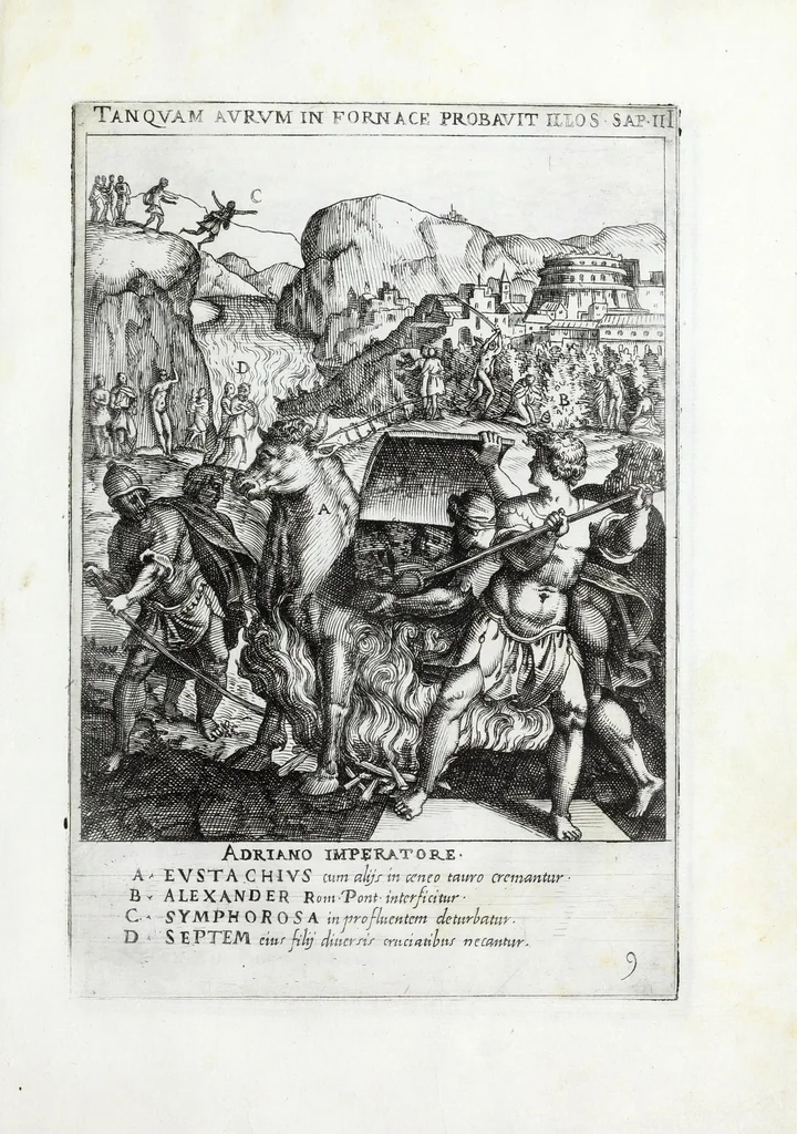 An illustration from Ecclesiae militantis trivmphi, sive, Deo amabilium martyrvm gloriosa pro Christi fide certamina : prout opera RR Patrum Societatis Iesv Collegij Germanici et Hungarici moderator impensa S.D.N. Gregorii PP XIII in ecclesia S. Stephani Rotundi Romae Nicolai Circiniani pictoris manu uisuntur depicta, ad exictandam pior deuotionem, 1583, leaf 23