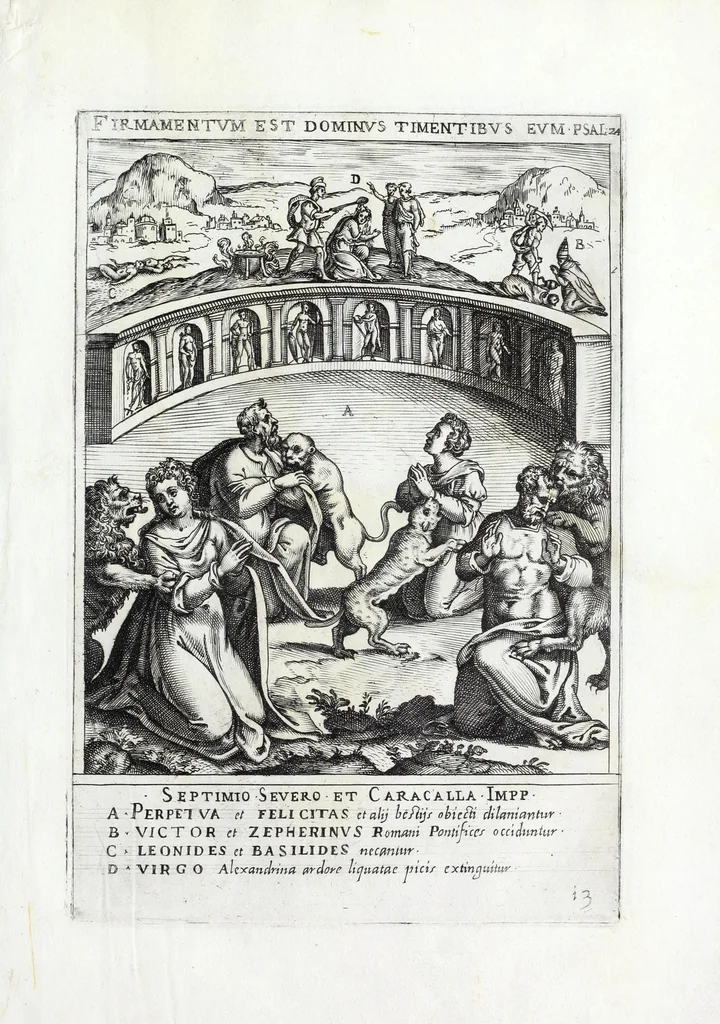 An illustration from Ecclesiae militantis trivmphi, sive, Deo amabilium martyrvm gloriosa pro Christi fide certamina : prout opera RR Patrum Societatis Iesv Collegij Germanici et Hungarici moderator impensa S.D.N. Gregorii PP XIII in ecclesia S. Stephani Rotundi Romae Nicolai Circiniani pictoris manu uisuntur depicta, ad exictandam pior deuotionem, 1583, leaf 31
