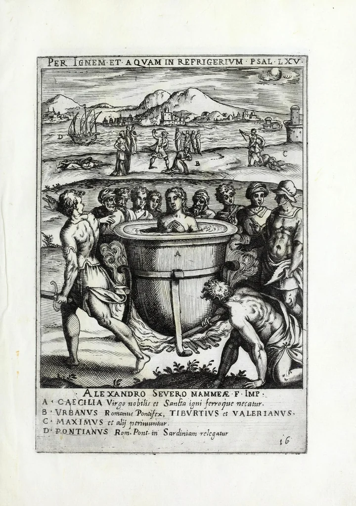 An illustration from Ecclesiae militantis trivmphi, sive, Deo amabilium martyrvm gloriosa pro Christi fide certamina : prout opera RR Patrum Societatis Iesv Collegij Germanici et Hungarici moderator impensa S.D.N. Gregorii PP XIII in ecclesia S. Stephani Rotundi Romae Nicolai Circiniani pictoris manu uisuntur depicta, ad exictandam pior deuotionem, 1583, leaf 37