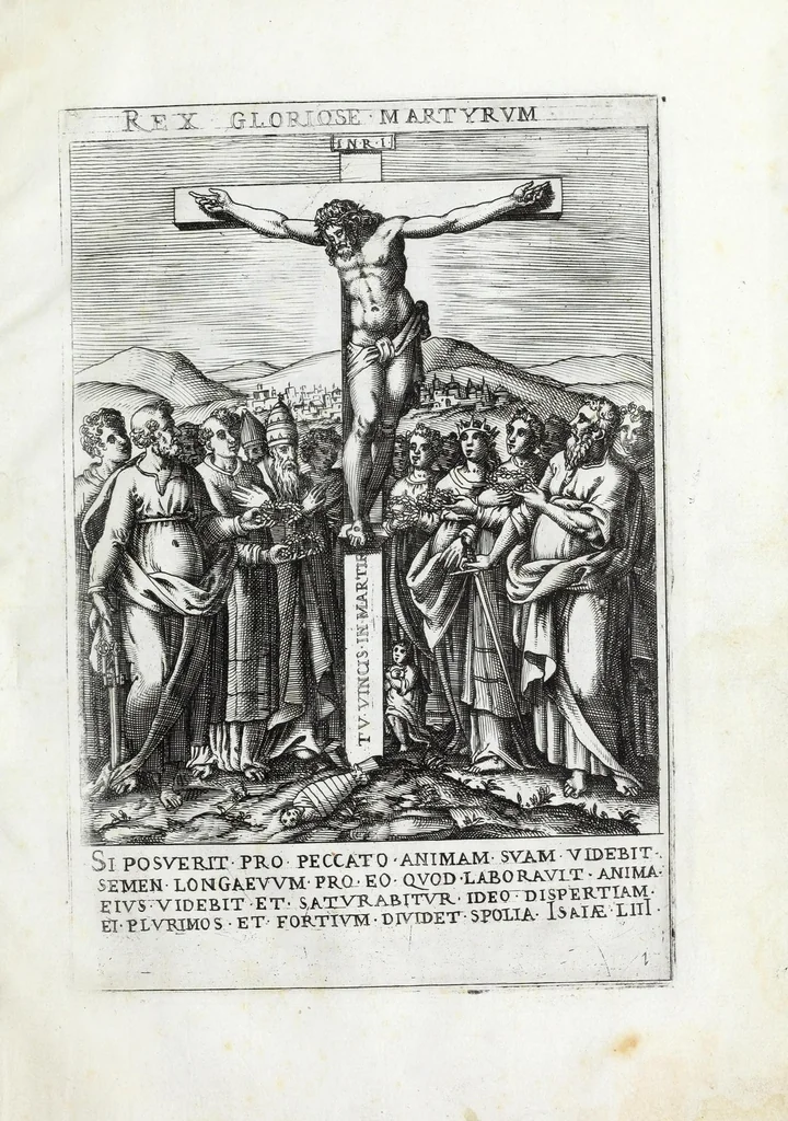 An illustration from Ecclesiae militantis trivmphi, sive, Deo amabilium martyrvm gloriosa pro Christi fide certamina : prout opera RR Patrum Societatis Iesv Collegij Germanici et Hungarici moderator impensa S.D.N. Gregorii PP XIII in ecclesia S. Stephani Rotundi Romae Nicolai Circiniani pictoris manu uisuntur depicta, ad exictandam pior deuotionem, 1583, leaf 7