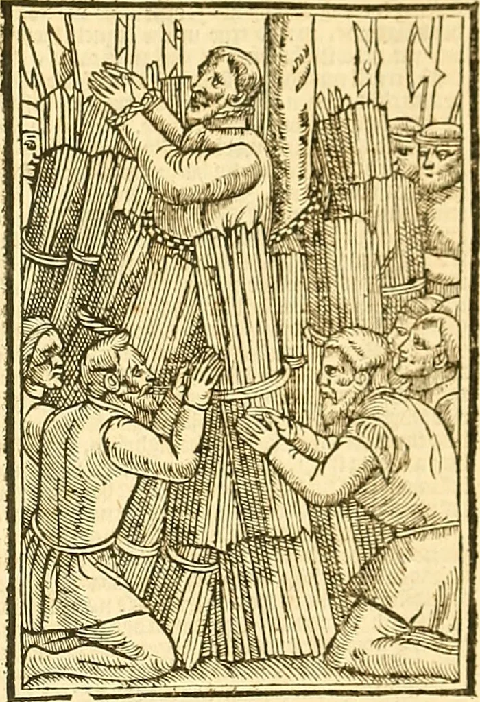 An illustration from The Ecclesiasticall historie : containing the Acts and monuments of martyrs, with a generall discourse of these later persecutions, horrible troubles and tumults, stirred up by Romish prelates in the Church: with divers other things incident, especially to this Realme of England and Scotland, as partly also to all other forraigne nations appertaining, from the time of Q. Maries entring upon the Crowne, to the reigne of our late gracious Soveraigne, Q. Elizabeth of blessed memorie, 1641, leaf 1062