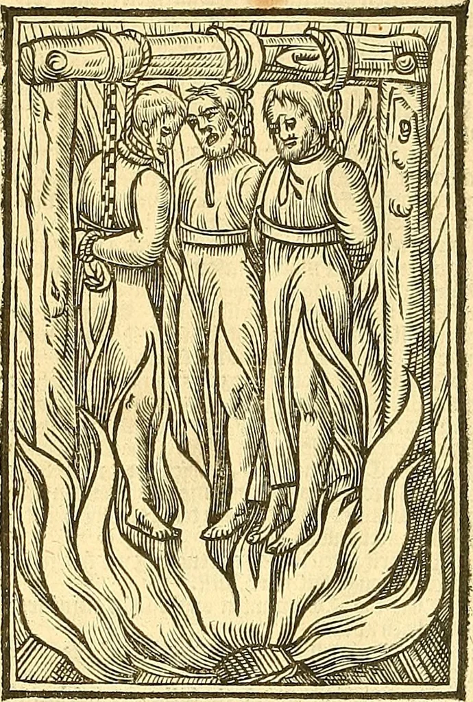 An illustration from The Ecclesiasticall historie : containing the Acts and monuments of martyrs, with a generall discourse of these later persecutions, horrible troubles and tumults, stirred up by Romish prelates in the Church: with divers other things incident, especially to this Realme of England and Scotland, as partly also to all other forraigne nations appertaining, from the time of Q. Maries entring upon the Crowne, to the reigne of our late gracious Soveraigne, Q. Elizabeth of blessed memorie, 1641, leaf 1081