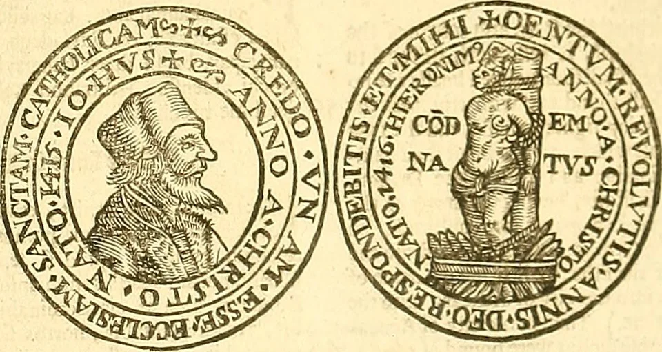 An illustration from The Ecclesiasticall historie : containing the Acts and monuments of martyrs, with a generall discourse of these later persecutions, horrible troubles and tumults, stirred up by Romish prelates in the Church: with divers other things incident, especially to this Realme of England and Scotland, as partly also to all other forraigne nations appertaining, from the time of Q. Maries entring upon the Crowne, to the reigne of our late gracious Soveraigne, Q. Elizabeth of blessed memorie, 1641, leaf 1128