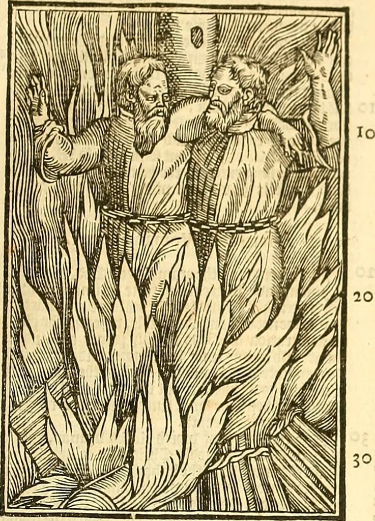 An illustration from The Ecclesiasticall historie : containing the Acts and monuments of martyrs, with a generall discourse of these later persecutions, horrible troubles and tumults, stirred up by Romish prelates in the Church: with divers other things incident, especially to this Realme of England and Scotland, as partly also to all other forraigne nations appertaining, from the time of Q. Maries entring upon the Crowne, to the reigne of our late gracious Soveraigne, Q. Elizabeth of blessed memorie, 1641, leaf 1134
