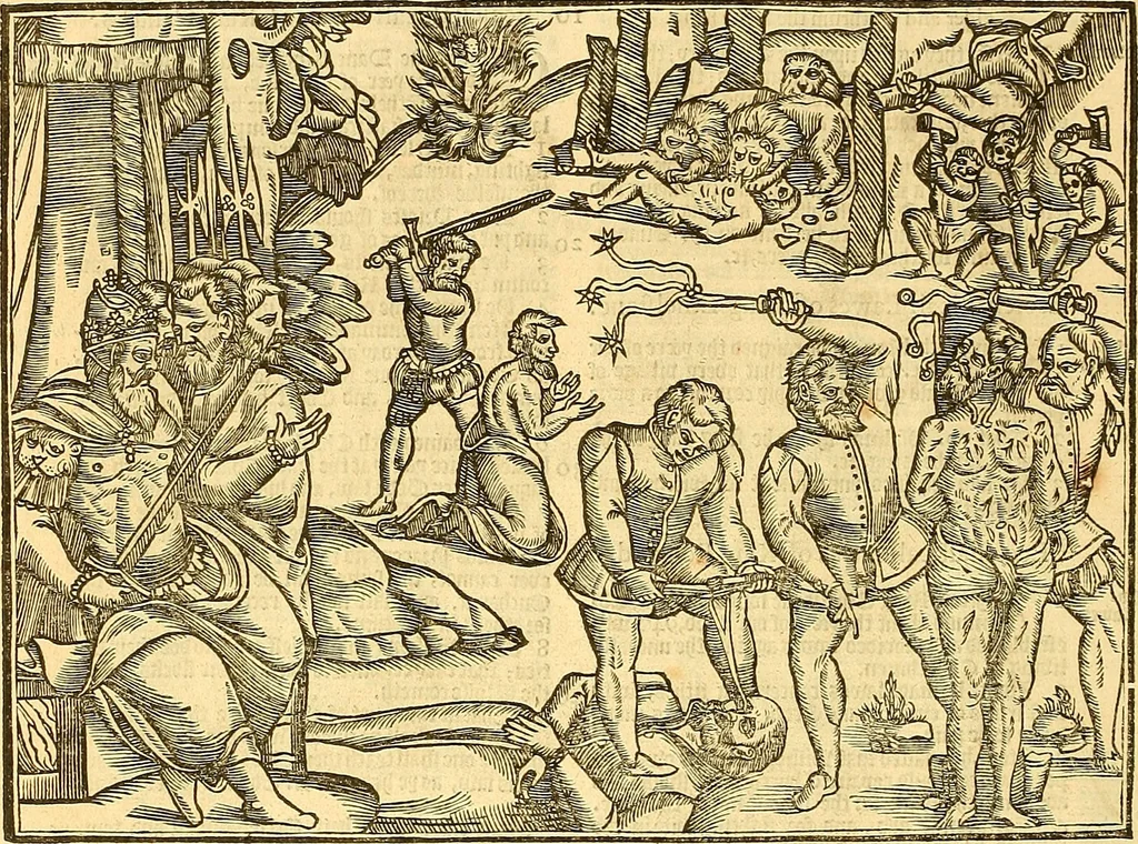 An illustration from The Ecclesiasticall historie : containing the Acts and monuments of martyrs, with a generall discourse of these later persecutions, horrible troubles and tumults, stirred up by Romish prelates in the Church: with divers other things incident, especially to this Realme of England and Scotland, as partly also to all other forraigne nations appertaining, from the time of Q. Maries entring upon the Crowne, to the reigne of our late gracious Soveraigne, Q. Elizabeth of blessed memorie, 1641, leaf 1141