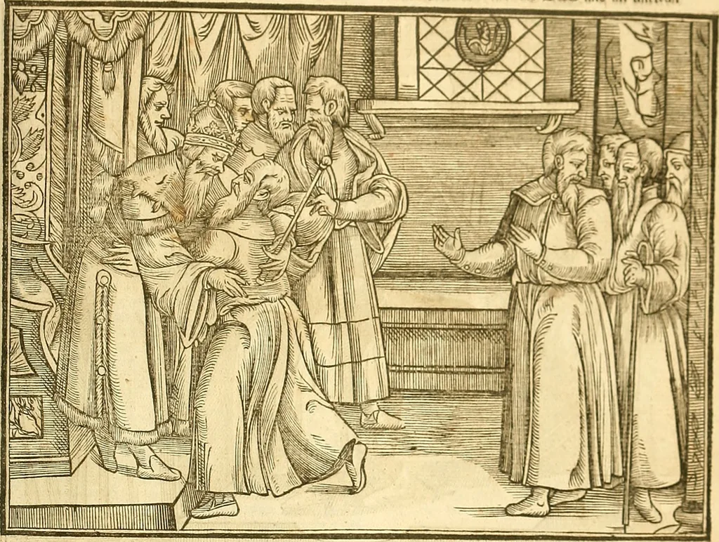 An illustration from The Ecclesiasticall historie : containing the Acts and monuments of martyrs, with a generall discourse of these later persecutions, horrible troubles and tumults, stirred up by Romish prelates in the Church: with divers other things incident, especially to this Realme of England and Scotland, as partly also to all other forraigne nations appertaining, from the time of Q. Maries entring upon the Crowne, to the reigne of our late gracious Soveraigne, Q. Elizabeth of blessed memorie, 1641, leaf 1142