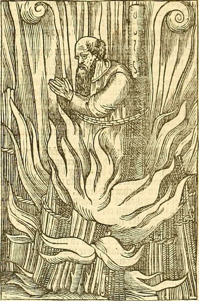 An illustration from The Ecclesiasticall historie : containing the Acts and monuments of martyrs, with a generall discourse of these later persecutions, horrible troubles and tumults, stirred up by Romish prelates in the Church: with divers other things incident, especially to this Realme of England and Scotland, as partly also to all other forraigne nations appertaining, from the time of Q. Maries entring upon the Crowne, to the reigne of our late gracious Soveraigne, Q. Elizabeth of blessed memorie, 1641, leaf 808