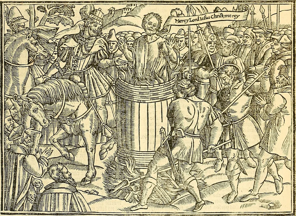 An illustration from The Ecclesiasticall historie : containing the Acts and monuments of martyrs, with a generall discourse of these later persecutions, horrible troubles and tumults, stirred up by Romish prelates in the Church: with divers other things incident, especially to this Realme of England and Scotland, as partly also to all other forraigne nations appertaining, from the time of Q. Maries entring upon the Crowne, to the reigne of our late gracious Soveraigne, Q. Elizabeth of blessed memorie, 1641, leaf 814