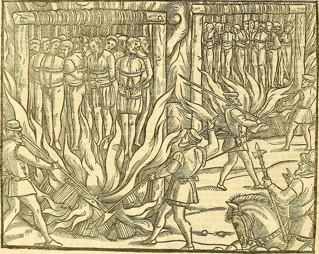 An illustration from The Ecclesiasticall historie : containing the Acts and monuments of martyrs, with a generall discourse of these later persecutions, horrible troubles and tumults, stirred up by Romish prelates in the Church: with divers other things incident, especially to this Realme of England and Scotland, as partly also to all other forraigne nations appertaining, from the time of Q. Maries entring upon the Crowne, to the reigne of our late gracious Soveraigne, Q. Elizabeth of blessed memorie, 1641, leaf 897