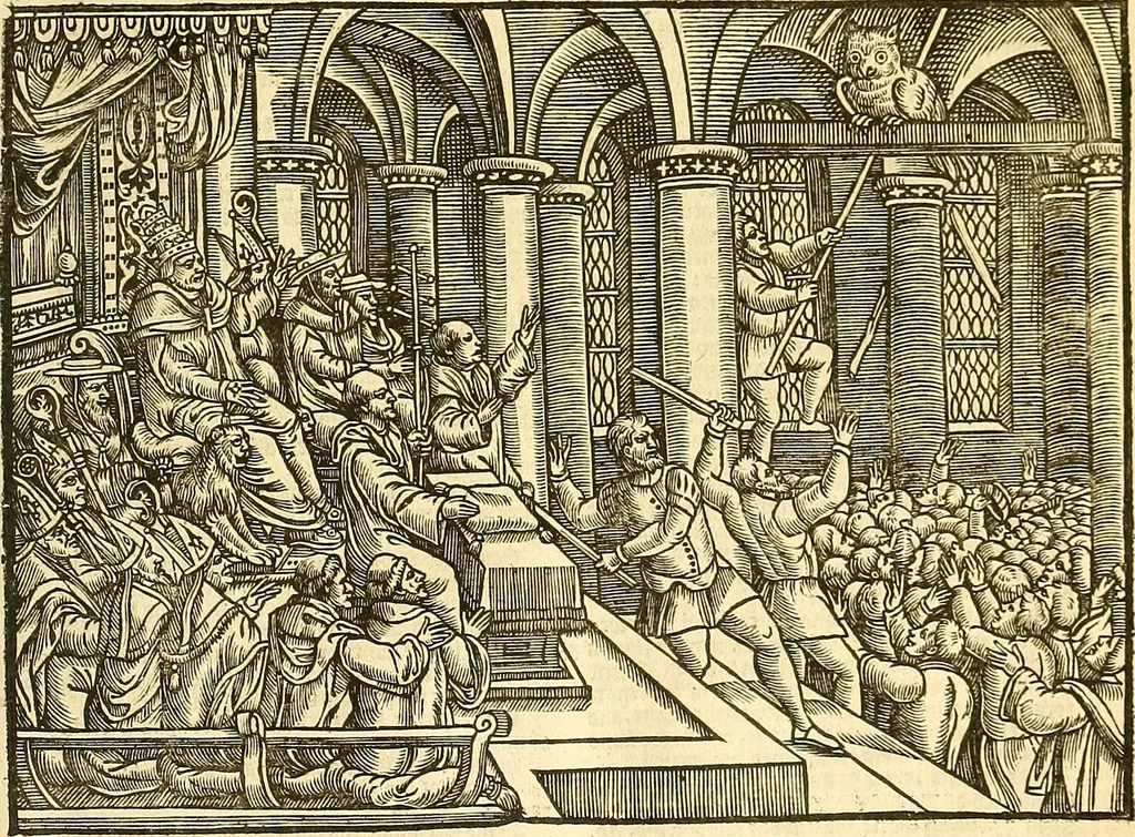 An illustration from The Ecclesiasticall historie : containing the Acts and monuments of martyrs, with a generall discourse of these later persecutions, horrible troubles and tumults, stirred up by Romish prelates in the Church: with divers other things incident, especially to this Realme of England and Scotland, as partly also to all other forraigne nations appertaining, from the time of Q. Maries entring upon the Crowne, to the reigne of our late gracious Soveraigne, Q. Elizabeth of blessed memorie, 1641, leaf 904