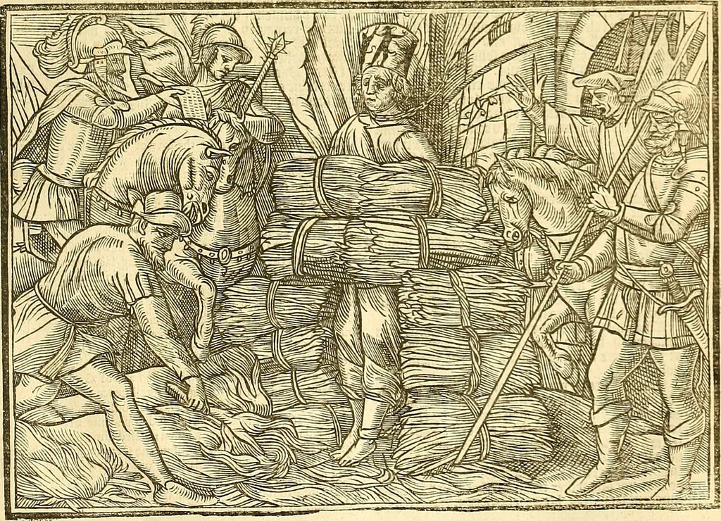 An illustration from The Ecclesiasticall historie : containing the Acts and monuments of martyrs, with a generall discourse of these later persecutions, horrible troubles and tumults, stirred up by Romish prelates in the Church: with divers other things incident, especially to this Realme of England and Scotland, as partly also to all other forraigne nations appertaining, from the time of Q. Maries entring upon the Crowne, to the reigne of our late gracious Soveraigne, Q. Elizabeth of blessed memorie, 1641, leaf 944