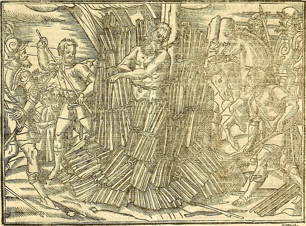 An illustration from The Ecclesiasticall historie : containing the Acts and monuments of martyrs, with a generall discourse of these later persecutions, horrible troubles and tumults, stirred up by Romish prelates in the Church: with divers other things incident, especially to this Realme of England and Scotland, as partly also to all other forraigne nations appertaining, from the time of Q. Maries entring upon the Crowne, to the reigne of our late gracious Soveraigne, Q. Elizabeth of blessed memorie, 1641, leaf 960