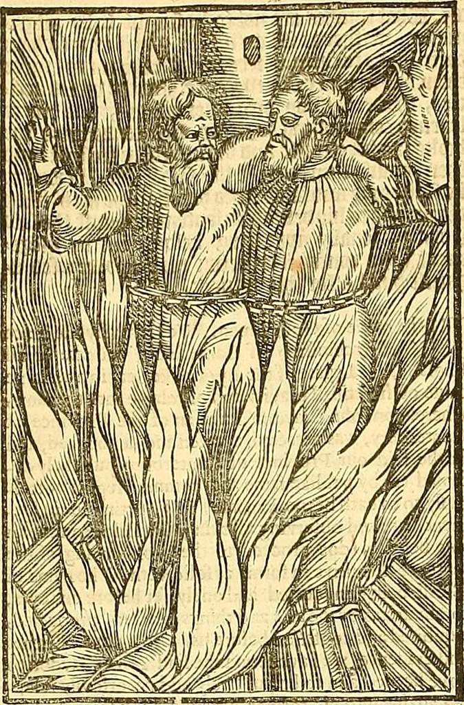 An illustration from The Ecclesiasticall historie : containing the Acts and monuments of martyrs, with a generall discourse of these later persecutions, horrible troubles and tumults, stirred up by Romish prelates in the Church: with divers other things incident, especially to this Realme of England and Scotland, as partly also to all other forraigne nations appertaining, from the time of Q. Maries entring upon the Crowne, to the reigne of our late gracious Soveraigne, Q. Elizabeth of blessed memorie, 1641, leaf 965