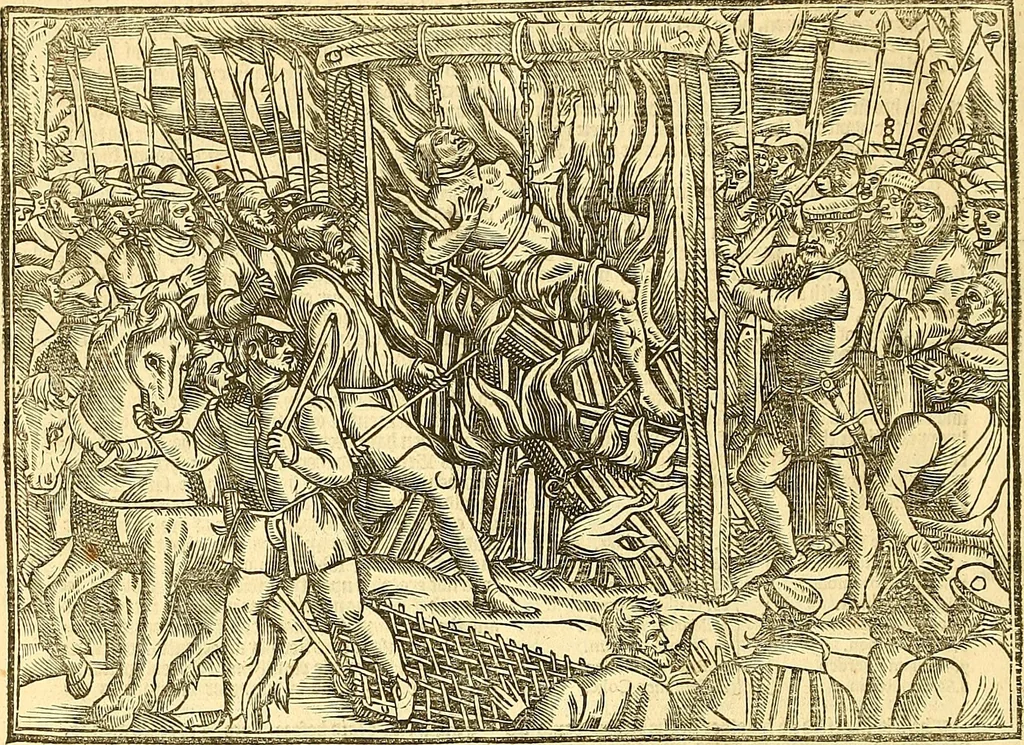 An illustration from The Ecclesiasticall historie : containing the Acts and monuments of martyrs, with a generall discourse of these later persecutions, horrible troubles and tumults, stirred up by Romish prelates in the Church: with divers other things incident, especially to this Realme of England and Scotland, as partly also to all other forraigne nations appertaining, from the time of Q. Maries entring upon the Crowne, to the reigne of our late gracious Soveraigne, Q. Elizabeth of blessed memorie, 1641, leaf 969