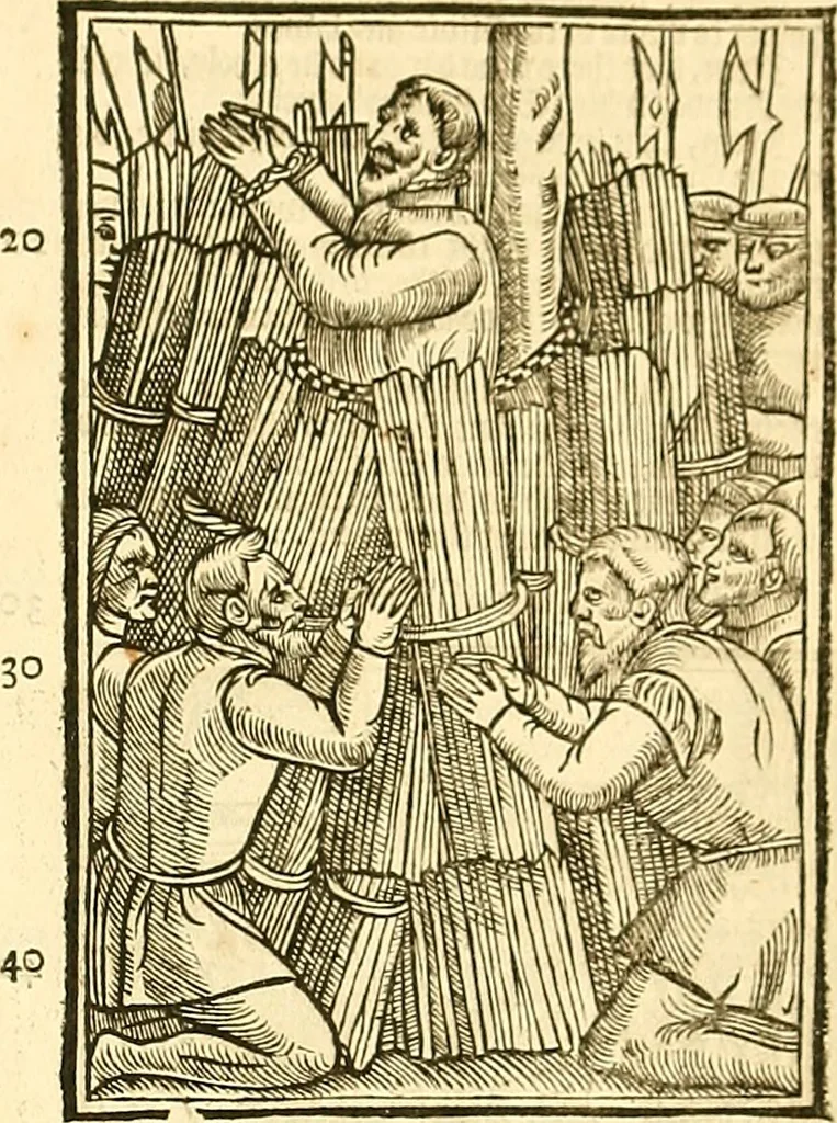 An illustration from The Ecclesiasticall historie : containing the Acts and monuments of martyrs, with a generall discourse of these later persecutions, horrible troubles and tumults, stirred up by Romish prelates in the Church: with divers other things incident, especially to this Realme of England and Scotland, as partly also to all other forraigne nations appertaining, from the time of Q. Maries entring upon the Crowne, to the reigne of our late gracious Soveraigne, Q. Elizabeth of blessed memorie, 1641, leaf 988