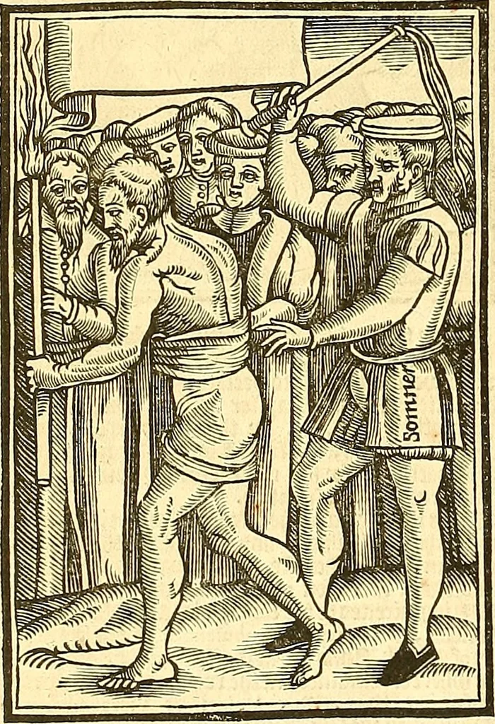An illustration from The Ecclesiasticall historie : containing the Acts and monuments of martyrs, with a generall discourse of these later persecutions, horrible troubles and tumults, stirred up by Romish prelates in the Church: with divers other things incident, especially to this Realme of England and Scotland, as partly also to all other forraigne nations appertaining, from the time of Q. Maries entring upon the Crowne, to the reigne of our late gracious Soveraigne, Q. Elizabeth of blessed memorie, 1641, leaf 989