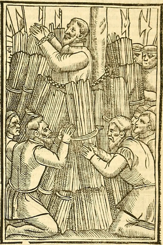 An illustration from The Ecclesiasticall historie : containing the Acts and monuments of martyrs, with a generall discourse of these later persecutions, horrible troubles and tumults, stirred up by Romish prelates in the Church: with divers other things incident, especially to this Realme of England and Scotland, as partly also to all other forraigne nations appertaining, from the time of Q. Maries entring upon the Crowne, to the reigne of our late gracious Soveraigne, Q. Elizabeth of blessed memorie, 1641, leaf 992