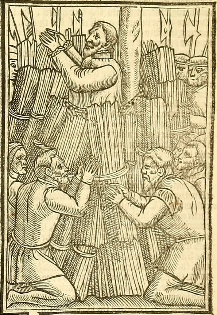 An illustration from The Ecclesiasticall historie : containing the Acts and monuments of martyrs, with a generall discourse of these later persecutions, horrible troubles and tumults, stirred up by Romish prelates in the Church: with divers other things incident, especially to this Realme of England and Scotland, as partly also to all other forraigne nations appertaining, from the time of Q. Maries entring upon the Crowne, to the reigne of our late gracious Soveraigne, Q. Elizabeth of blessed memorie, 1641, leaf 996